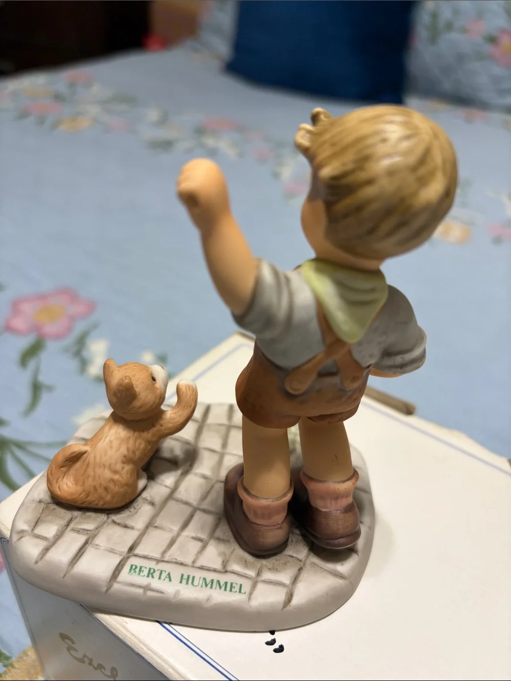 Goebel Blonde-Haired Boy Figurine with Orange Outfit Tan Cat Missing parts As Is
